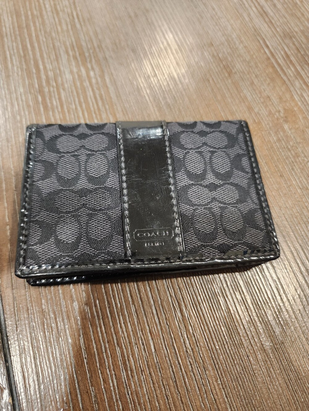 Coach Black Small Cs Canvas And Patent Leather Card Holder Bi Fold Wallet